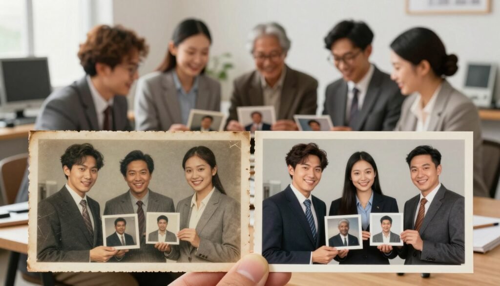 A beautifully restored photograph collage showcasing "success stories" of photo restoration. In the foreground, display a split-screen comparison of a damaged vintage photo and its vibrant, restored version, highlighting details like scratches and faded colors transforming into clarity. In the middle, include a diverse group of people, dressed in professional business attire, expressing joy and satisfaction as they review their restored photos. The background should feature an elegant workspace with tools and technology symbolizing AI restoration, subtly blurred to keep the focus on the foreground elements. Soft, warm lighting casts a hopeful glow, creating an inviting atmosphere that emphasizes the triumph of restoring cherished memories through modern technology.