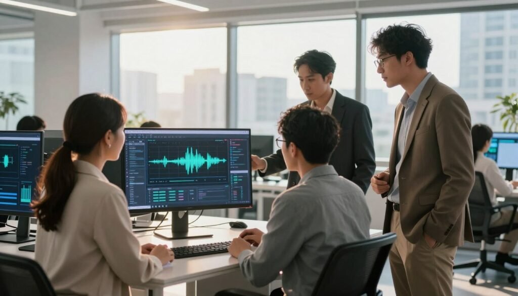 A bright, modern office environment filled with advanced technology, showcasing the implementation of AI tools. In the foreground, a diverse group of three professionals – a woman in a smart blazer, a man in a business suit, and another person in smart casual attire – are gathered around a sleek digital interface displaying complex voice modulation graphics. The middle ground features a high-end computer setup with multiple screens displaying AI software and sound wave patterns. The background reveals floor-to-ceiling windows with a cityscape view, bathed in warm natural sunlight. The atmosphere is focused and collaborative, highlighting innovation and modernity. Use soft, diffused lighting to create a professional mood, capturing the essence of technology-driven creativity in project development.