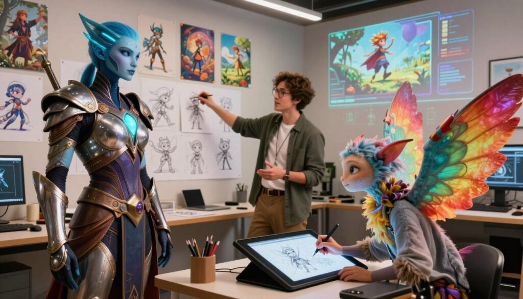 A captivating scene showcasing character design with AI technology, featuring a diverse group of fantastical characters in a vibrant, creative studio environment. In the foreground, a humanoid character with bioluminescent skin and intricate armor stands confidently, while next to them, a whimsical creature with oversized, colorful wings is sketching on a digital tablet. In the middle of the composition, an artist, dressed in smart casual attire, enthusiastically explains the design process. The background reveals a wall filled with concept art and holographic projections of various characters and landscapes. The lighting is bright and inspiring, with warm tones highlighting their features, creating an atmosphere of creativity and innovation. The image should embody the essence of imaginative storytelling through visual elements without any text or interruptions.