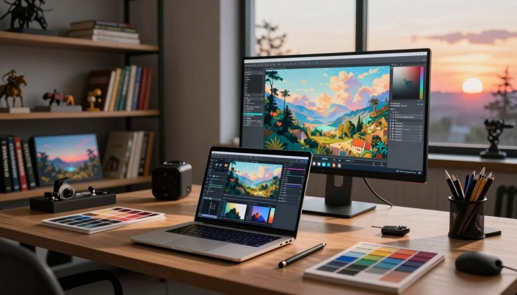 A cinematic workspace filled with advanced tools and equipment for creating impressive scenes. In the foreground, a high-tech laptop with intricate software displayed, surrounded by various graphic design tools like stylus pens and color palettes. In the middle ground, a large monitor shows a vibrant digital painting of a breathtaking landscape. Soft studio lighting illuminates the workbench, casting dynamic shadows that enhance the creative atmosphere. The background features organized shelves filled with inspiring books and models of cinematic scenes, complete with a large window revealing a picturesque sunset landscape outside. The overall mood is focused and inspiring, inviting the viewer into a world of creativity and innovation in cinematic scene generation.