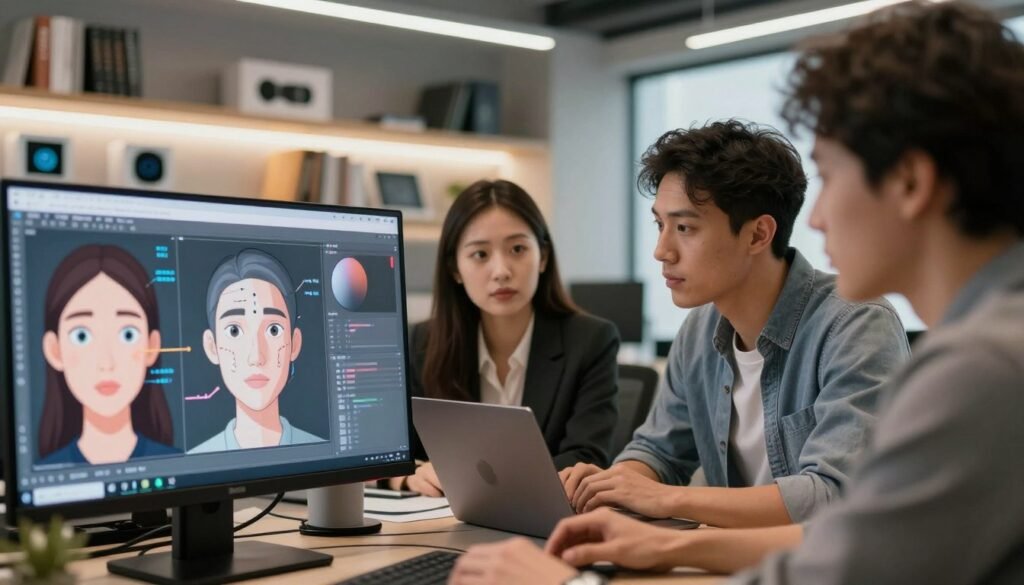 A close-up of a diverse group of professionals collaborating on facial animation concepts using AI, depicted in a modern office environment. In the foreground, an animated digital display showcases various facial expressions and movements, highlighting key features like eye tracking and lip sync technology. The middle ground includes the engaged faces of three individuals: a woman in business attire, a man in smart casual clothing, and another person, focused on a laptop, all discussing animated ideas. In the background, sleek shelving displays books and technology prototypes related to facial animation. Soft, focused lighting illuminates the scene, creating a professional and innovative atmosphere. The composition captures a sense of collaboration and creativity, emphasizing the fundamentals of facial animation with AI.
