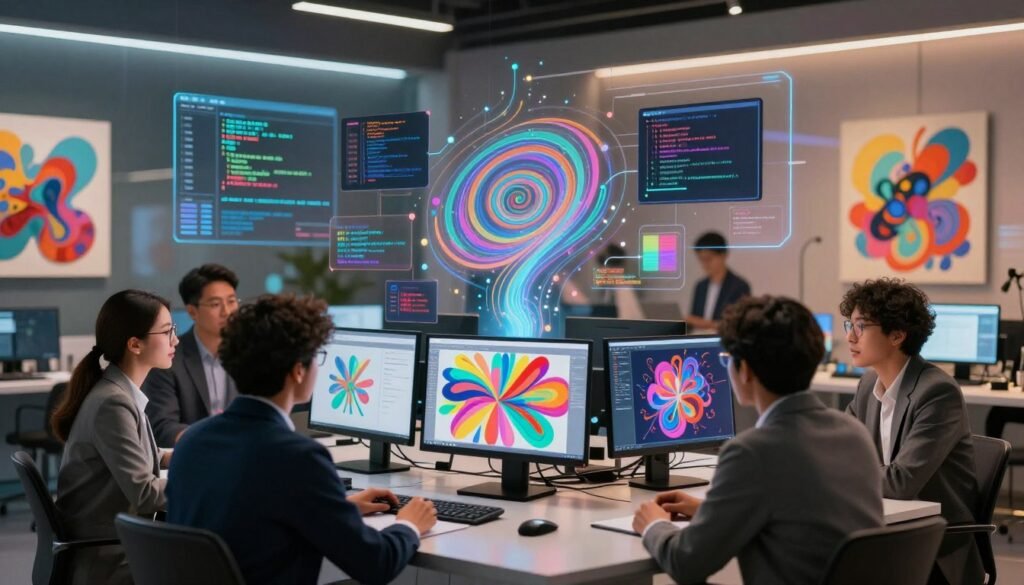 A conceptual illustration depicting problem-solving and challenges in abstract art generation using AI. In the foreground, a diverse group of professionals—two men and one woman—dressed in smart business attire, are engaged in a collaborative brainstorming session, surrounded by digital art displays showcasing vibrant abstract designs. In the middle ground, various AI algorithms represented as colorful, swirling patterns and code snippets flow around them, symbolizing the interplay of technology and creativity. The background features a futuristic, softly lit studio, with transparent screens displaying data analytics and evolving art pieces. Warm, ambient lighting creates an inviting atmosphere, highlighting the innovative spirit of the scene.
