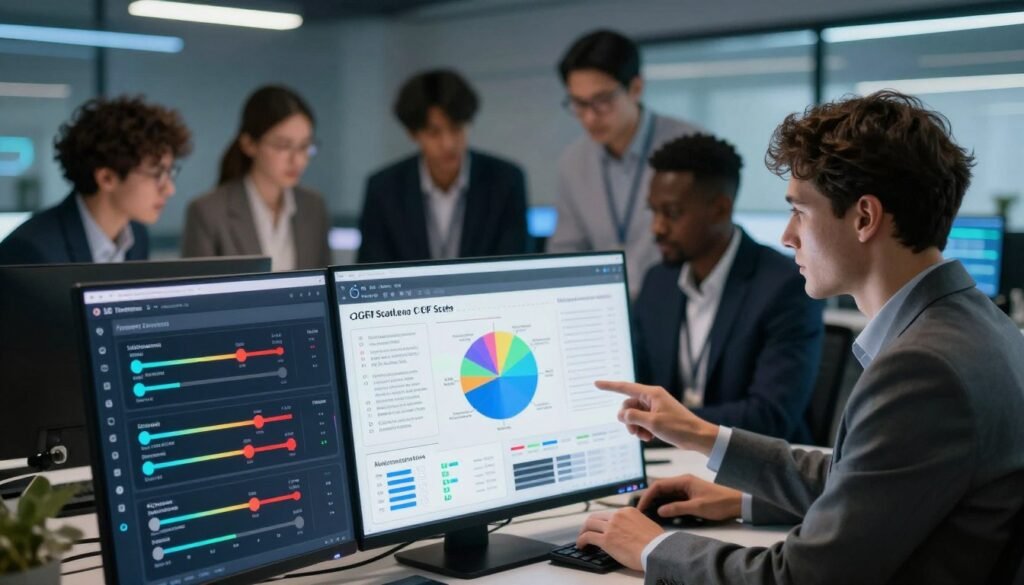 A conceptual representation of the influence of prompt adjustments on CFG Scale settings in AI image generation. In the foreground, visualize a sleek, modern interface displaying various sliders for prompt complexity and CFG scale, with vibrant colors highlighting the settings. In the middle ground, depict a diverse group of professionals, dressed in business attire, intently analyzing graphs and charts illustrating the relationship between creativity and CFG Scale adjustments. The background should feature a softly blurred tech-inspired workspace, with soft ambient lighting and dynamic computer screens illuminating the scene. The mood is innovative and collaborative, emphasizing the cutting-edge nature of AI creativity and its applications.