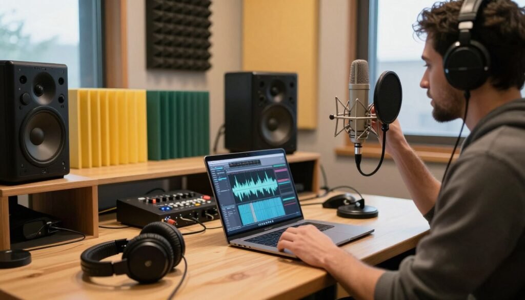 A cozy, modern audio studio environment focused on voice sample preparation. In the foreground, a professional sound engineer, dressed in smart casual attire, is carefully adjusting a microphone while reviewing audio waveforms on a laptop screen. In the middle, a tabletop is filled with high-quality audio recording equipment, including headphones, a digital audio interface, and a set of colorful soundproof panels that enhance acoustics. In the background, soft lighting creates a warm atmosphere, with sound-absorbing foam panels on the walls and a window that lets in natural light, suggesting a productive and creative workspace. The overall mood is focused yet inviting, showcasing the importance of quality in voice sample preparation.