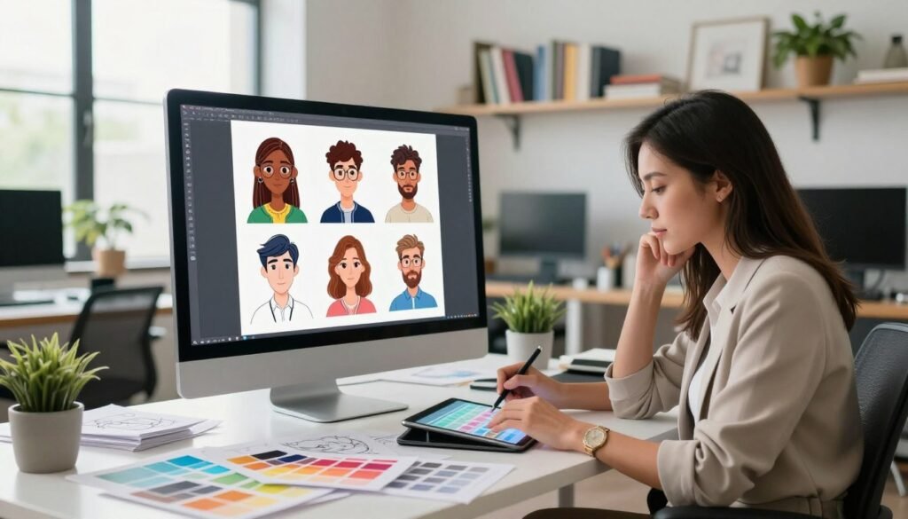 A creative strategist in a modern workspace, depicted with a thoughtful expression while drafting ideas for realistic avatars on a digital tablet. In the foreground, the strategist, a woman in professional business attire, is sitting at a sleek desk cluttered with design sketches and vibrant color swatches. The middle layer features a large screen displaying various avatar designs, showcasing a blend of human features and digital artistry. The background has soft-focus elements of a bright, stylish office, with shelves filled with creativity books and plants for a touch of warmth. The lighting is bright and inviting, coming from large windows, creating a productive and inspiring atmosphere, ideal for innovation in digital art.
