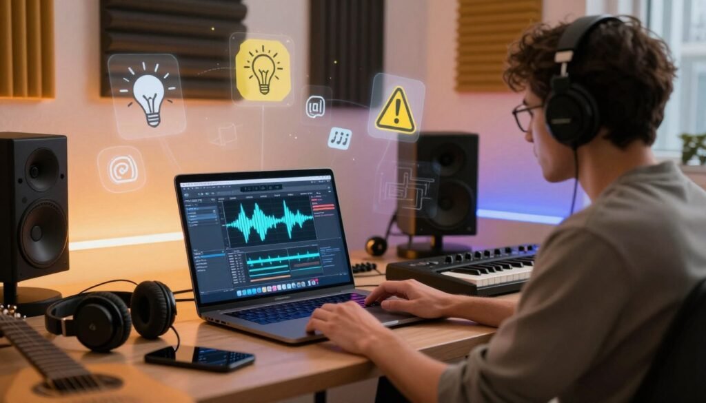A creative workspace featuring a sleek digital music production setup, with a modern laptop displaying music software and AI-generated waveforms on the screen. In the foreground, a professional-looking individual in smart casual attire is engaging with the technology, surrounded by headphones and musical instruments like a keyboard and a guitar. In the middle ground, there are visual representations of benefits and limitations of AI in music creation, such as icons of inspiration and caution, floating in an artistic manner. The background showcases a vibrant room with sound-absorbing panels and ambient lighting, creating an inspiring atmosphere. Soft, warm lighting enhances the mood, capturing a sense of innovation and creativity. The perspective is slightly angled for a dynamic view, inviting the viewer into the scene.