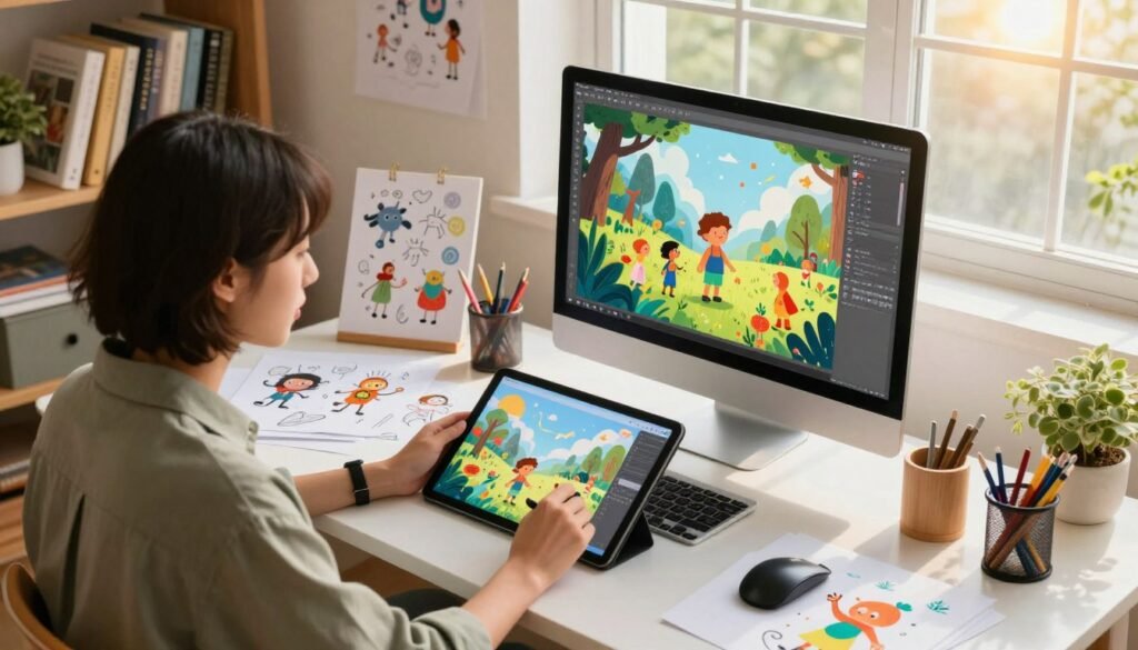 A creative workspace filled with vibrant energy, showcasing a designer illustrating a children's book using AI tools on a high-tech computer. In the foreground, the designer, a young professional in smart casual attire, is focused on their digital tablet, with colorful illustrations coming to life on the screen. The middle section features lively sketches and concept art scattered around, including whimsical characters and enchanting landscapes. In the background, shelves are lined with books about AI and illustration, while a large window allows warm sunlight to flood the room, creating a welcoming atmosphere. The lighting is bright and inspiring, emphasizing creativity and innovation, captured from a slightly elevated angle to encompass the energetic environment.