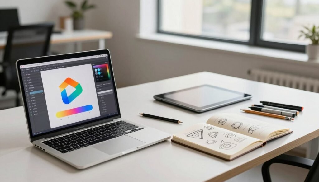 A creative workspace showcasing innovative logo design tools powered by AI. In the foreground, a sleek laptop displays an intuitive logo design software interface, featuring colorful vector graphics and shapes. Beside it, an open sketchbook with hand-drawn logo concepts lies next to a set of professional drawing tools like pencils and markers. In the middle ground, a modern desk adorned with a digital tablet and stylus emphasizes the fusion of traditional and digital design methods. The background features a bright and airy office space with large windows allowing natural light, illuminating the workspace and creating an inspiring atmosphere. Soft shadows and a warm color palette contribute to a productive, creative mood. The scene should evoke innovation, professionalism, and the future of design technology.