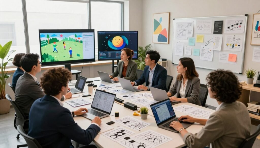 A creative workspace showcasing the process of audiovisual methodologies. In the foreground, a diverse group of professionals in business attire is engaged in an intense brainstorming session around a large table filled with storyboards, digital devices, and film equipment. The middle ground features screens displaying animated sequences, with notes and sketches pinned on walls, illustrating dynamic ideas. In the background, large windows allow natural light to flood the room, creating a warm and inspiring atmosphere. The room has modern decor with creative artwork and plants, emphasizing innovation and collaboration. The scene is viewed from a slightly elevated angle, capturing the energy and focus of the team as they navigate their creative process. The overall mood is vibrant, collaborative, and forward-thinking.