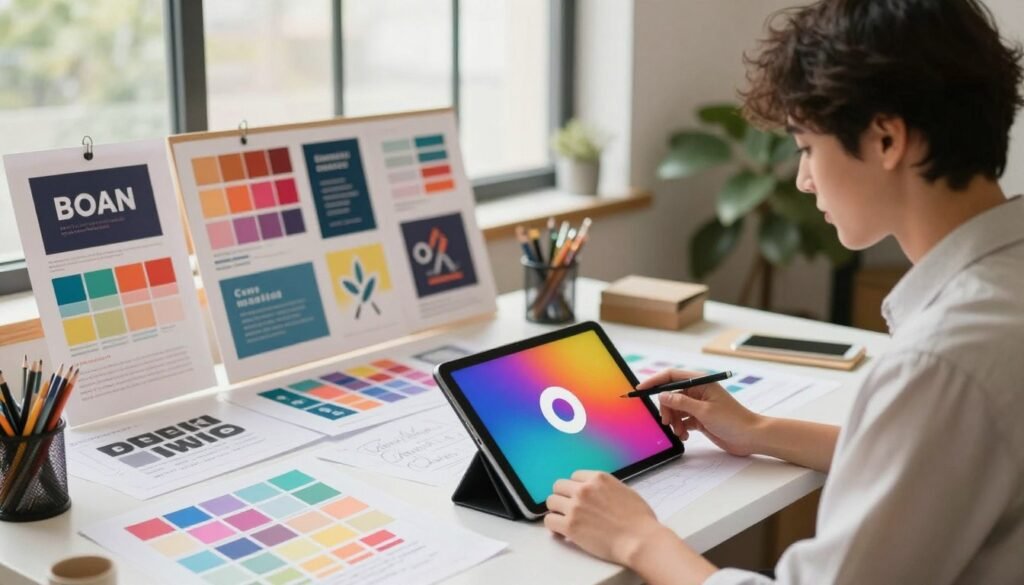 A creative workspace showcasing the seamless integration of brand identity through graphic design. In the foreground, a professional designer in business attire working diligently on a digital tablet, focused on vibrant visuals that reflect the brand’s colors and logo. The middle layer features a cluttered desk adorned with sketches, mockups, and inspiration boards filled with design elements such as color palettes and typography. In the background, large windows allow soft natural light to flood the room, illuminating the creative environment and creating a warm, inviting atmosphere. The overall mood should convey innovation and professionalism, emphasizing the thoughtful blend of creativity and branding in advertising design.