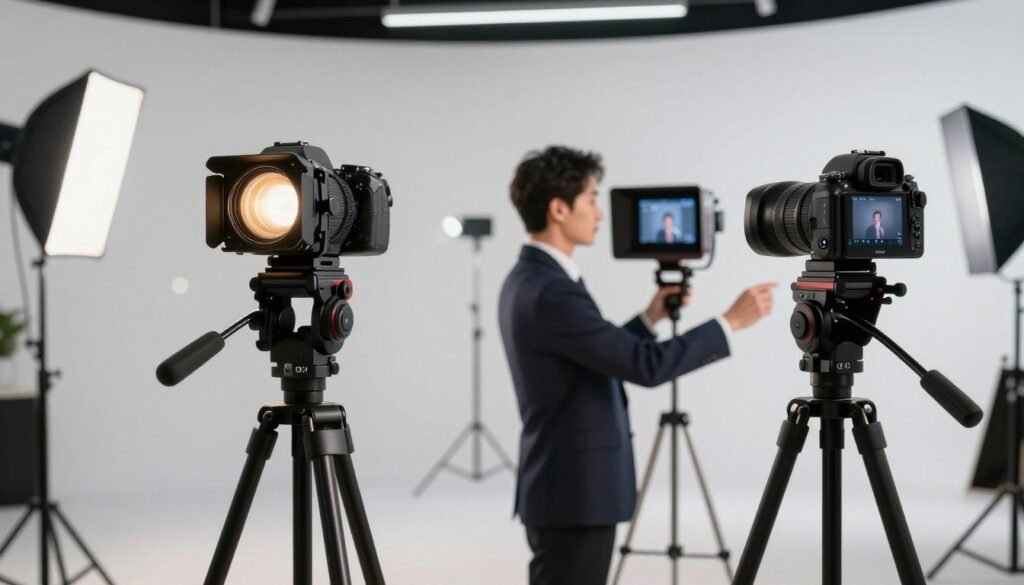 A detailed comparison scene showcasing motion capture technology with a single camera setup on one side and a dual camera configuration on the other. In the foreground, the single camera is elegantly mounted on a tripod with a soft spotlight illuminating it, while the dual setup features two cameras positioned at a slight angle for optimal capture, surrounded by a subtle glow of LED lights. In the middle ground, a professional in business attire adjusts the settings on each camera, highlighting the technical aspects of each setup. The background features a well-lit studio space equipped with motion capture markers and equipment, enhancing the high-tech atmosphere. The overall mood conveys a sense of innovation and strategic creativity in motion capture workflows, emphasizing clarity and professionalism.
