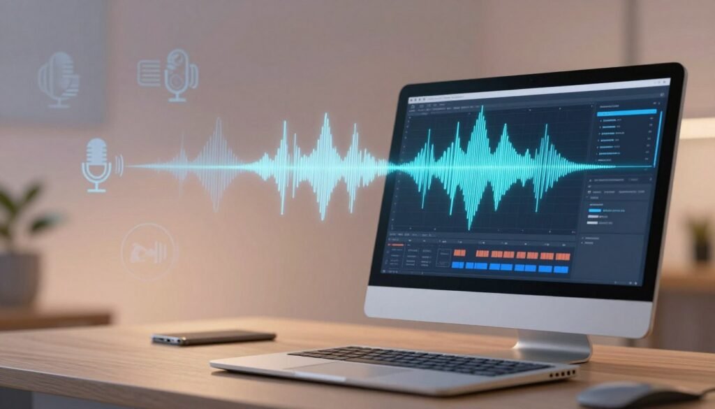 A detailed illustration of a modern text-to-speech system in action. In the foreground, a sleek computer with an open software displaying waveforms and sound spectrums, symbolizing audio output. In the middle, an animated graphic showing flowing lines of text transforming into sound waves, emphasizing the conversion process. The background features a subtle gradient of technology-related icons, like microphones and speakers, to represent audio technology. Soft, warm lighting creates an inviting atmosphere, while a slight bokeh effect enhances the focus on the foreground elements. Capture a sense of innovation and accessibility in voice synthesis, filled with a blend of professionalism and creativity.