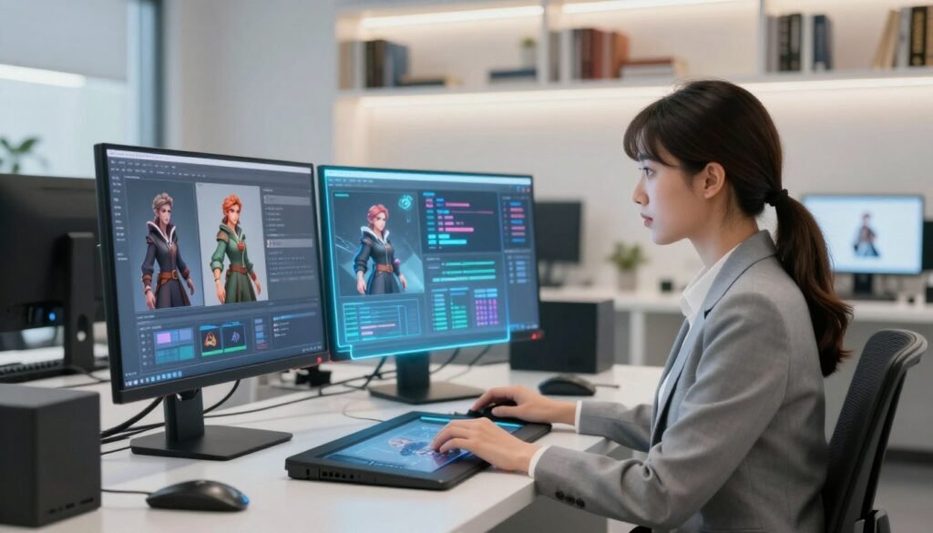 A detailed, step-by-step illustration of the AI character cloning process. In the foreground, depict a skilled female audiovisual manager, professionally dressed, analyzing holographic screens displaying character designs and algorithms. The middle ground should feature a sleek, modern workstation filled with high-tech equipment, including computers, graphics tablets, and creative software interfaces. In the background, softly illuminated shelves filled with books on AI and character design add depth and context. The lighting is bright but soft, creating an inspiring atmosphere, and the viewpoint is slightly angled for a dynamic perspective. Overall, the mood should convey innovation, creativity, and professionalism in AI-driven character cloning.