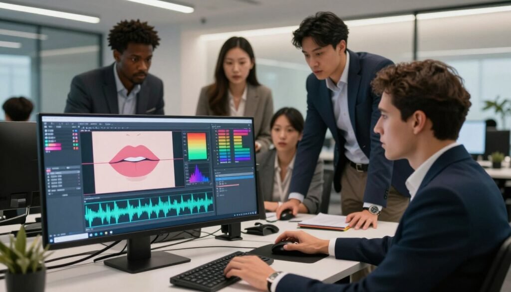 A detailed step-by-step illustration of the lip synchronization process using AI technology. In the foreground, a professional working on a high-tech computer screen displaying animated lip movements synchronizing with audio waves, showcasing a vibrant color spectrum. In the middle ground, a diverse team of professionals is gathered around, dressed in smart business attire, keenly observing the process, with some taking notes. The background features an elegantly designed modern office space with soft lighting that creates a focused yet collaborative atmosphere. The scene captures the intensity of innovation and creativity, emphasizing teamwork and technological advancement in multimedia editing. The camera angle is slightly elevated to provide a comprehensive view of the workspace while maintaining clarity on the individuals' expressions and the animated screen.
