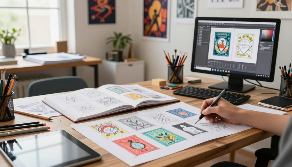 A detailed step-by-step visual process for creating book covers, showcasing an artist's workspace. In the foreground, a wooden desk cluttered with colorful sketches, digital tablets, and design software on the screen. The middle layer features an open sketchbook with pencil and markers, depicting various book cover designs evolving from rough ideas to polished graphics. In the background, there's a bright, well-lit studio filled with art supplies, inspirational posters, and a large window allowing natural light to flood in, creating a warm and inviting atmosphere. The scene conveys creativity and professionalism, highlighted by soft, diffused lighting, emphasizing the intricate details of the design process. The overall mood is inspiring and dynamic, reflecting artistic innovation in book cover design.