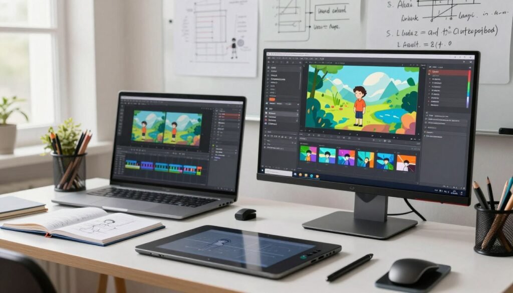 A detailed workspace showcasing tools for frame interpolation in digital art and animation. In the foreground, a sleek computer monitor displays vibrant animated frames, surrounded by a stylus, a tablet, and technical sketches. In the middle ground, a well-organized desk sits with various software interfaces open, showcasing frame interpolation techniques, alongside notes in an open notebook. In the background, a whiteboard covered with diagrams and key points about interpolation strategies, illuminated by soft, natural lighting streaming through a window, creating a bright and inspiring atmosphere. The scene should evoke a sense of creativity and professionalism, emphasizing a modern artistic environment conducive to learning and innovation.