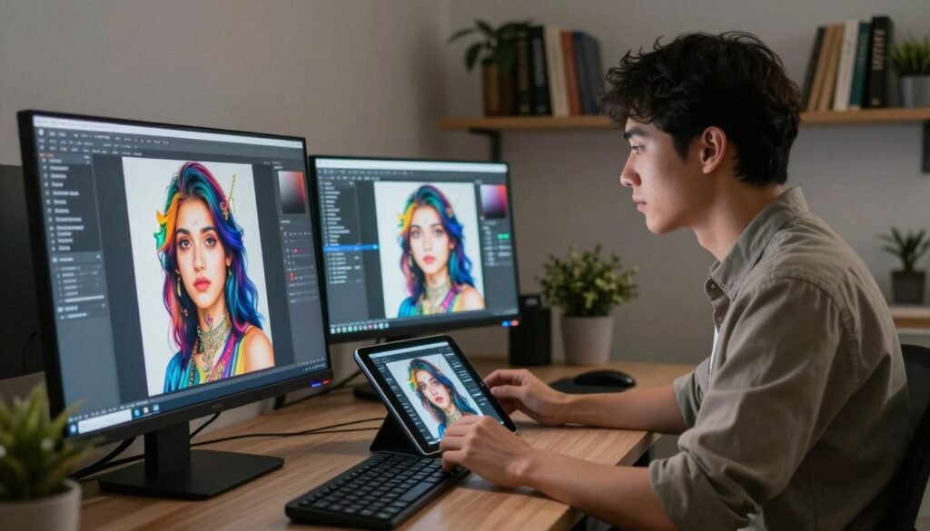 A digital artwork illustrating the inpainting process in artificial intelligence. In the foreground, a computer screen displays a sophisticated AI interface with a partially restored image, showcasing vibrant colors and intricate details regaining clarity. The middle layer features a professional data scientist, wearing a smart casual outfit and focusing intently on the screen, with a digital tablet beside them displaying a comparison of before and after images. The background includes shelves lined with technical books and a potted plant, creating a calm, intellectual atmosphere. Ambient lighting casts soft shadows, emphasizing the workspace's cozy yet high-tech vibe, capturing the essence of innovation and creativity in AI inpainting methodology.