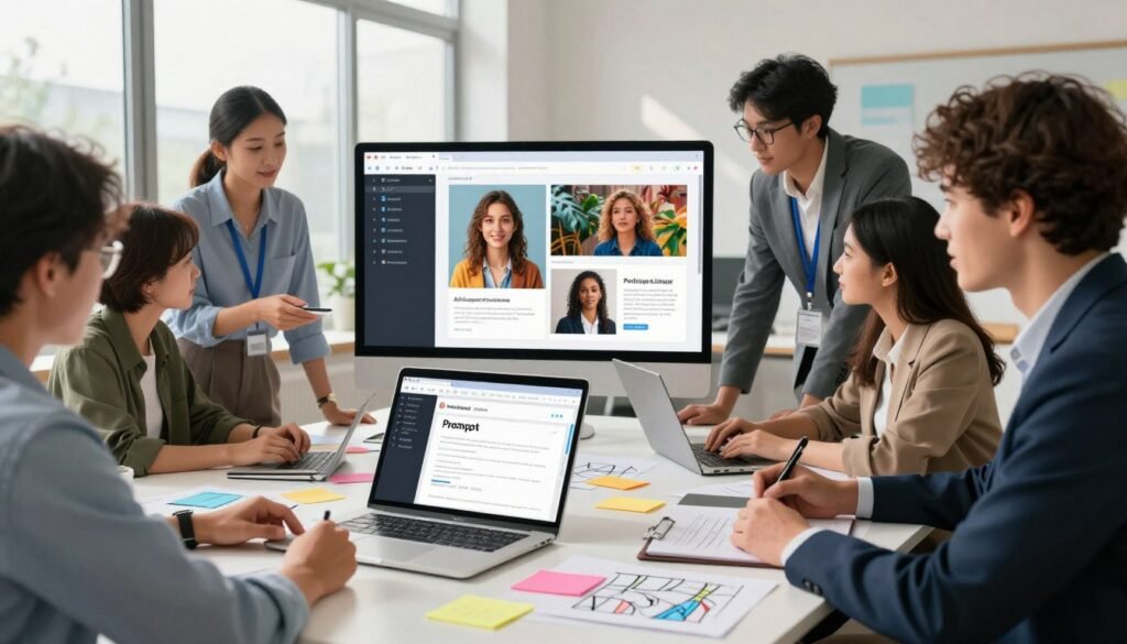A digital workspace filled with vibrant colors and creative energy, featuring a diverse group of professionals in business attire collaborating around a sleek, modern table. In the foreground, a laptop displays a dynamic UI for prompt creation, surrounded by colorful notes and brainstorming sketches. In the middle, an interactive screen showcases visual prompts transforming into stunning images, illustrating the optimization of AI-generated imagery. The background features large windows with natural light streaming in, casting gentle shadows across the room, enhancing the collaborative atmosphere. The overall mood is innovative and productive, capturing the essence of teamwork and technology in e-commerce.
