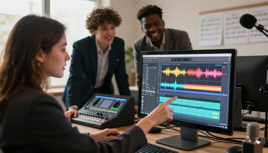 A digital workspace scene illustrating the step-by-step process of creating a choir with AI. Foreground features a sleek computer with a vibrant digital audio workstation (DAW) interface on the screen, displaying colorful waveforms and vocal tracks. In the middle, a diverse group of three people, dressed in professional business attire, collaborate enthusiastically around the computer, discussing and pointing at the screen. The background showcases sound equipment, including microphones, mixing consoles, and music sheets, creating a productive atmosphere. The lighting is warm and inviting, with soft overcast illumination from a nearby window, enhancing the focus on the creative process. The mood is lively and inspiring, capturing the essence of innovation and teamwork in music production.