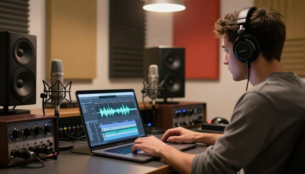 A digital workspace showcasing a professional preparing audio files for editing. In the foreground, a focused individual in smart casual attire, sitting at a sleek desk with headphones on, working attentively on a laptop. On the screen, waveforms of audio tracks are visible, surrounded by various editing software interfaces. In the middle ground, an array of studio microphones and audio equipment hint at the editing process, with colorful sound acoustic panels lining the walls. The background is softly illuminated by warm overhead lights, creating a cozy yet professional atmosphere. The scene captures a sense of concentration and creativity, emphasizing the importance of meticulous preparation in audio editing. The composition is balanced, with a slight depth of field to enhance focus on the subject and the laptop screen.