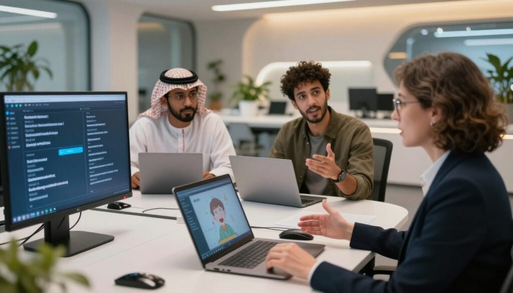 A diverse group of individuals, each representing different cultures and languages, collaborates around a high-tech table filled with digital devices. In the foreground, a middle-aged woman in business attire gestures while speaking in front of a digital screen displaying multilingual translations. The middle layer shows two people, one wearing traditional clothing and another in modern attire, discussing animatedly with expressions of understanding and engagement. The background features a sleek, futuristic office space with accents of greenery. Soft, warm lighting bathes the scene, creating an inviting atmosphere that reflects inclusivity and adaptability. The camera angle is slightly elevated to capture the interaction dynamics while emphasizing the technological aspect of communication.