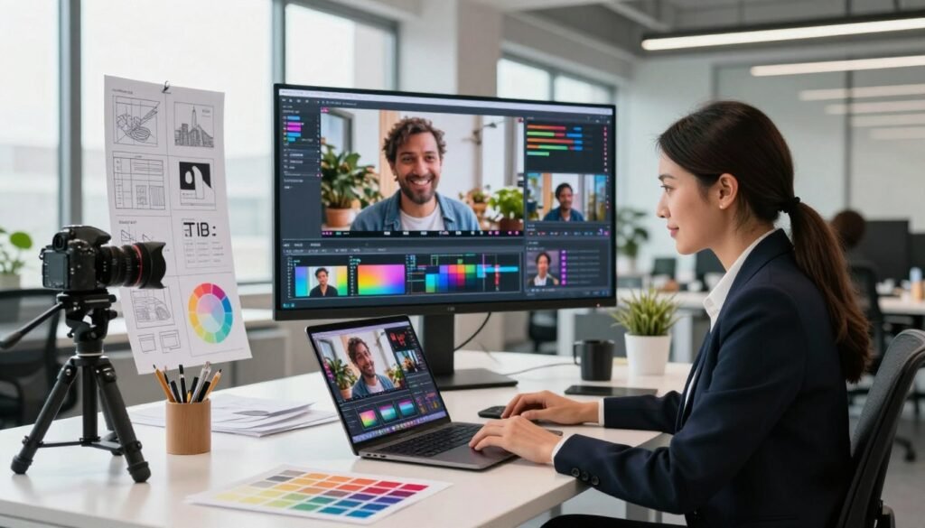 A dynamic and creative workspace showcasing the process of converting images to videos using AI. In the foreground, a professional woman dressed in smart business attire is working at a sleek, modern desk, analyzing vibrant visuals on her laptop. The middle ground features a large screen displaying a captivating video montage derived from stunning images, highlighting elements of creativity and innovation. Surrounding her, various tools and components of video production, such as cameras, storyboards, and color palettes, are artistically arranged. The background is an open, well-lit office environment with large windows, letting in natural light, creating a bright and inspiring atmosphere. The mood is focused and optimistic, emphasizing creativity, collaboration, and the transformative power of technology in media production.