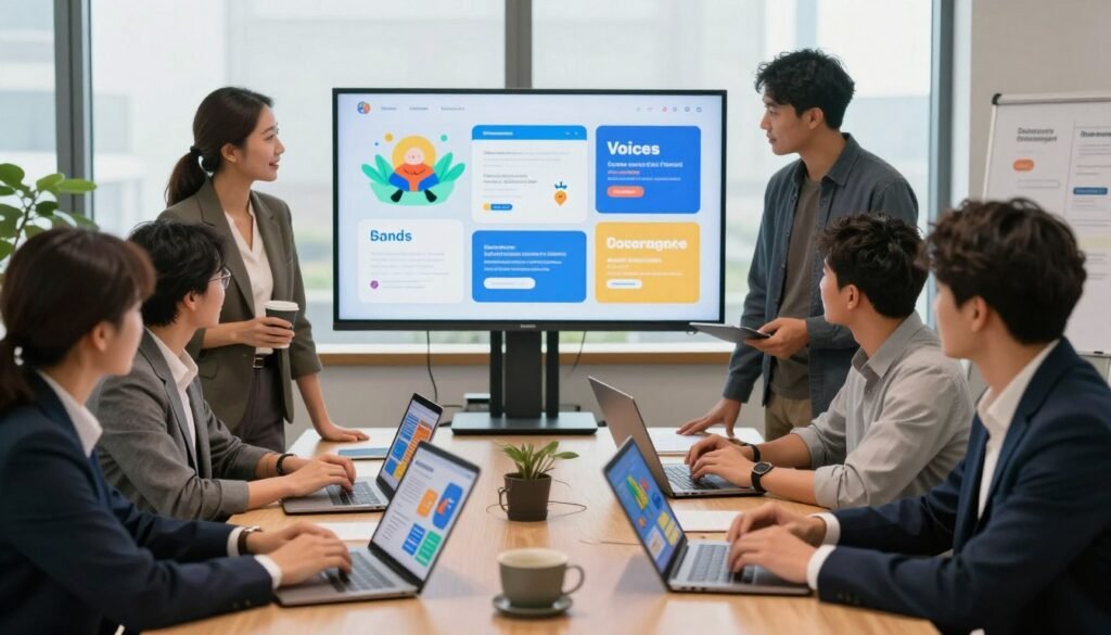 A dynamic and engaging office scene showcasing the integration of brand voice in digital publications. In the foreground, a diverse team of professionals, dressed in smart business attire, collaborates around a large table filled with digital devices like laptops and tablets displaying vibrant content. In the middle ground, a large screen shows colorful graphics and infographics that symbolize various digital platforms. The background features a modern office with large windows allowing soft natural light to filter in, creating an inspiring atmosphere. The composition should convey a sense of teamwork and creativity, with a warm color palette that evokes enthusiasm and innovation, highlighting the importance of cohesive brand messaging in digital spaces.