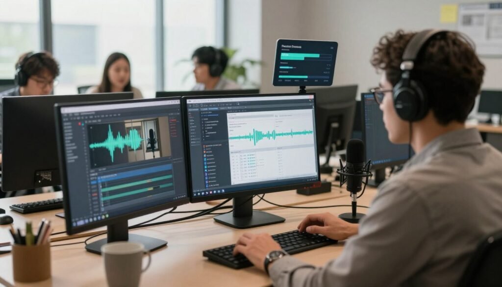 A dynamic and engaging scene depicting the step-by-step process of translating podcasts into Spanish using artificial intelligence. In the foreground, a focused professional in business attire engages with a sleek computer interface displaying waveform and transcription visuals. The middle ground showcases a digital representation of a podcast recording studio, with microphones and sound equipment, and visual indicators of translation progress floating above. In the background, a modern office environment filled with soft natural light from large windows creates a productive atmosphere. The color palette should include warm tones to evoke a sense of creativity and innovation, while an overall mood of collaboration and technological advancement permeates the scene. Employ a slightly elevated angle to capture the depth of the workspace and the intricacy of the translation process.