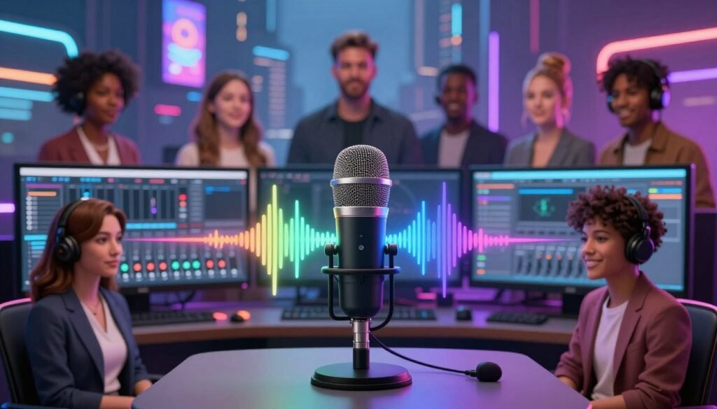 A dynamic and vibrant digital art scene depicting various voice options for video games. In the foreground, a sleek microphone with colorful sound waves emanating from it, surrounded by a diverse array of characters representing different voice personas, all dressed in professional attire. In the middle ground, an audiovisual editing setup showcasing sound mixing tools and interfaces, hinting at the tech behind voice generation. The background features a futuristic cityscape with bright neon lights and digital billboards, symbolizing the innovation in gaming. Soft, ambient lighting creates an inviting atmosphere, while a slightly blurred depth of field highlights the microphone in focus. The overall mood is energetic and creative, embodying the excitement of voice diversity in gaming.