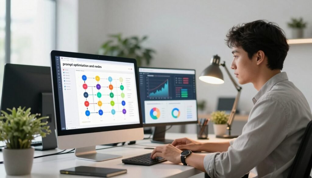 A dynamic and vibrant digital workspace showcasing the concept of "prompt optimization and nodes" in a modern interface. In the foreground, a computer screen displays a well-organized workflow with colorful nodes interconnected by arrows, representing data flow. A professional seated at a sleek desk, wearing business casual attire, intently analyzes the screen, bathed in soft, warm lighting from a nearby desk lamp. In the middle ground, a collection of virtual screens and charts illustrate data metrics and analytics, enhancing the sense of productivity. The background features a bright, airy office space with plants and minimalist decor, adding to a productive yet relaxed atmosphere. The scene conveys a sense of focus and innovation, ideal for a forward-thinking technology article.