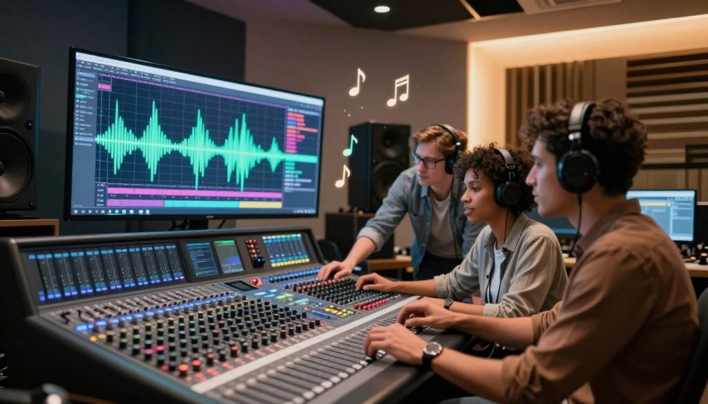 A dynamic and vibrant illustration capturing the essence of audio integration in cinematic scenes. In the foreground, a diverse group of three professional sound designers are collaborating around a high-tech sound mixing console, focused on adjusting audio levels. The middle layer features a large screen displaying colorful sound waveforms, while musical notes and visual sound effects are subtly floating around, indicating the fusion of audio elements. In the background, a stylish modern studio is visible, with acoustic panels and soft LED lighting casting a warm glow. Use a cinematic depth of field to draw attention to the group, creating an engaging and collaborative atmosphere, emphasizing creativity and innovation in audio production.