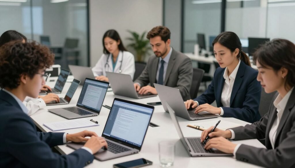 A dynamic and visually engaging representation of the practical applications of transcription across various sectors. In the foreground, depict diverse professionals from different industries—like healthcare, education, and media—engaged in transcription activities, wearing smart business attire. In the middle, illustrate tools and technologies used for transcription, such as laptops and transcription software, highlighting a blend of traditional and digital methods. In the background, create a contemporary office environment with soft, focused lighting that conveys productivity and collaboration. Utilize a wide-angle lens effect to capture depth and perspective, fostering an atmosphere of innovation and teamwork. Emphasize inclusivity and collaboration in this professional atmosphere.