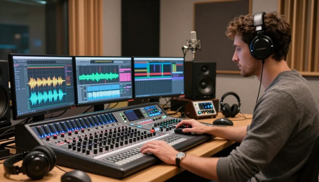 A dynamic audio editing workspace showcasing advanced sound optimization techniques for noise elimination. In the foreground, a professional audio engineer, dressed in smart casual attire, is focused intently on a high-tech mixing console, with colorful audio waveforms displayed on multiple monitors. The middle ground features various sound editing equipment like headphones, microphones, and digital audio interfaces, all artistically arranged. In the background, a softly lit studio environment creates a warm, inviting atmosphere, with soundproofing panels and acoustic instruments subtly suggesting a creative space. The lighting is bright yet gentle, highlighting the tools of sound optimization, conveying a mood of professionalism and innovation in audio quality enhancement.