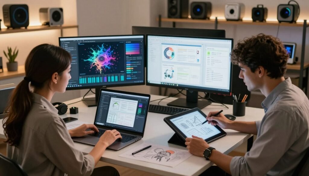 A dynamic creative workspace featuring a diverse group of three professionals collaborating on audiovisual strategies with AI technology. In the foreground, a woman in smart casual attire is analyzing data on a laptop, while a man in formal business attire sketches ideas on a digital tablet. The middle ground shows interactive screens displaying AI-generated visuals and project plans, illuminated by soft, warm lighting that creates an inviting atmosphere. In the background, shelves filled with creative tools and AI devices reflect innovative technology. The overall mood is one of creativity and professionalism, with a balanced composition that invites viewers to explore the fusion of technology and audiovisual artistry. Shot from a slight high-angle perspective to emphasize collaboration and engagement.