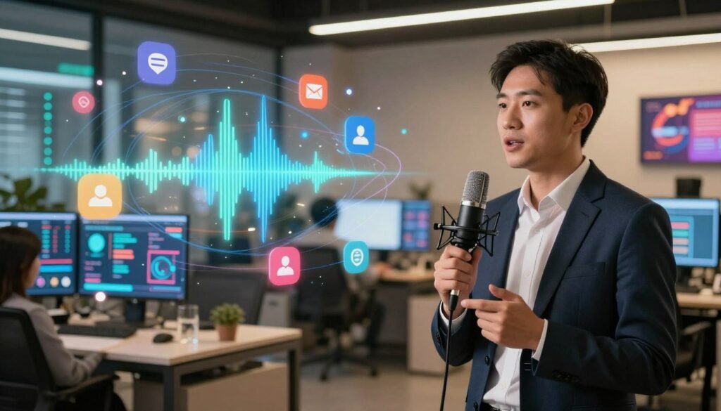 A dynamic digital marketing scene illustrating the impact of professional voiceovers. In the foreground, a professional presenter, dressed in business attire, stands confidently speaking into a high-quality microphone. In the middle, various digital elements like sound waves, social media icons, and analytic graphs swirl around, showcasing the integration of voiceovers in marketing strategies. The background features a modern office space filled with screens displaying marketing data and campaign visuals. Soft lighting enhances the professionalism of the atmosphere, casting a warm glow while maintaining clarity. The angle is slightly elevated, creating a sense of depth and immersion. The overall mood is vibrant and engaging, emphasizing innovation and creativity in digital marketing.