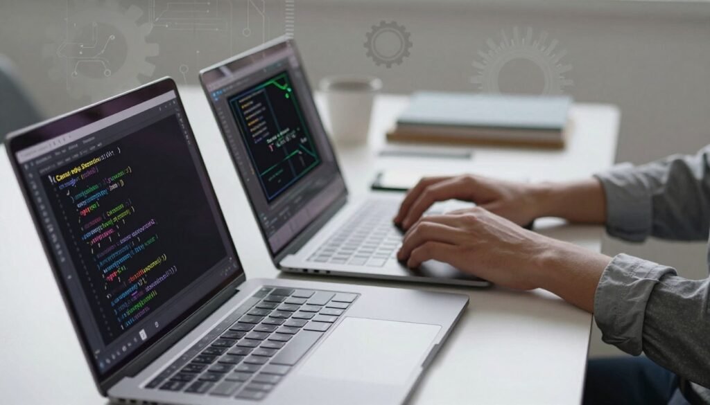 A dynamic illustration showcasing the step-by-step implementation of Canny edge detection using OpenCV and Python. In the foreground, a sleek laptop displays lines of Python code on a bright screen, with an active OpenCV window showing images processed with edge detection algorithms. The middle ground features a pair of hands, clad in smart casual attire, engaged in typing, symbolizing a professional setting. In the background, a tech-themed workspace with soft, focused lighting, and a minimalistic design. Subtle gears or circuit patterns suggest the technological aspect of image processing. The atmosphere conveys innovation and clarity, emphasizing the workflow of computer vision in a captivating manner. No text, signatures, or any identifying marks are present.