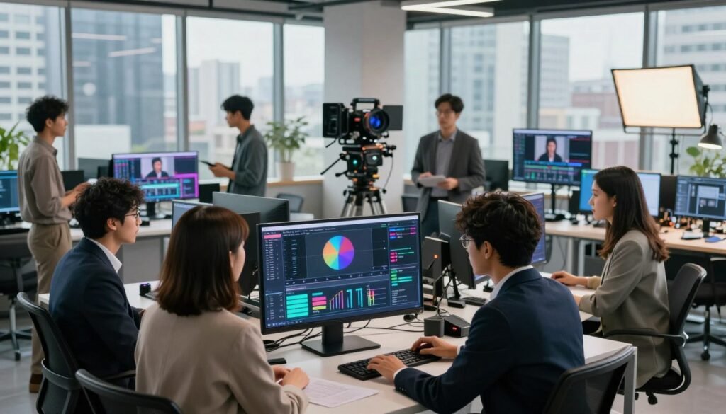 A dynamic, modern workspace showcasing the optimization of video production through artificial intelligence. In the foreground, a diverse group of professionals in smart business attire collaboratively analyzing data on a sleek digital interface with vibrant graphics displaying metrics and AI algorithms. The middle ground features a high-tech studio filled with advanced video equipment, lighting setups, and monitors displaying edited scenes. The background reveals large windows overlooking a cityscape, with soft natural light pouring in, creating an inviting and innovative atmosphere. The scene conveys a sense of collaboration, creativity, and forward-thinking, emphasizing the synergy between technology and human expertise in video production. The overall mood is energetic and focused, celebrating the role of AI in creative strategies.