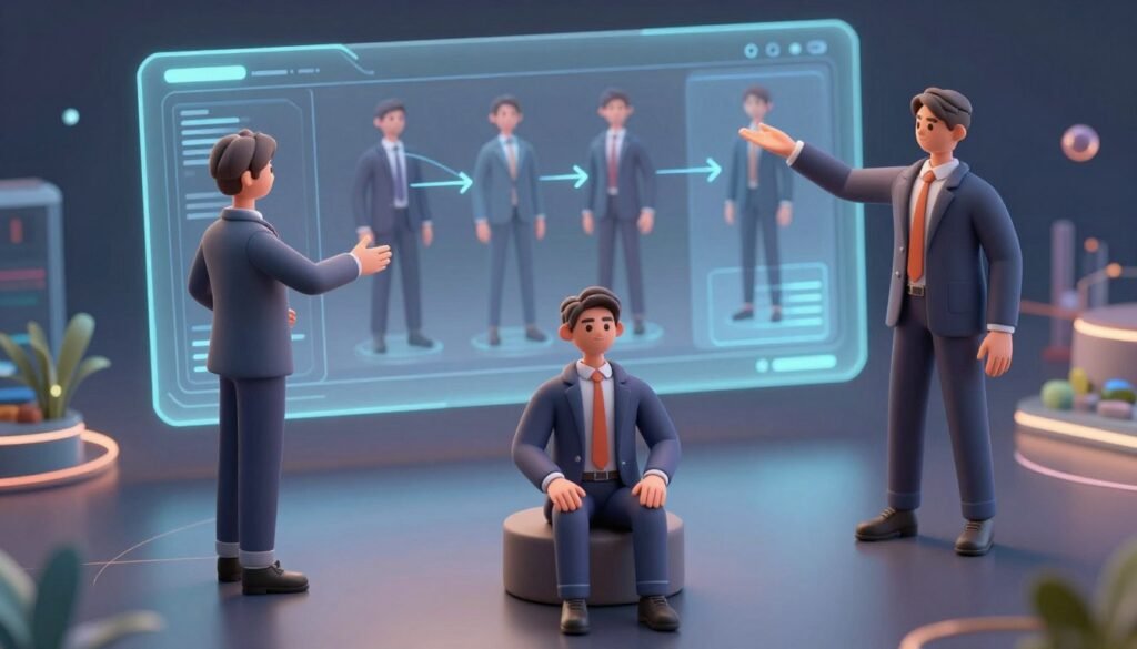 A dynamic representation of character pose transfer showcasing a variety of templates and flexibility. In the foreground, include three stylized 3D character models in professional business attire, each demonstrating different poses such as reaching, sitting, and standing. The middle layer should feature a digital interface displaying pose templates and their transitions, with smooth lines connecting them to the characters. In the background, create an abstract digital landscape with soft, glowing lines and geometric shapes, hinting at advanced technology. Use soft but focused lighting to highlight the characters, with a mild glow emanating from the interface, creating a futuristic and innovative atmosphere. Capture the scene from a slightly elevated angle to emphasize the interaction between the characters and the digital elements, evoking a sense of exploration and creativity.