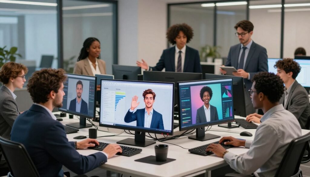 A dynamic scene depicting personalized avatars designed for digital marketing campaigns. In the foreground, several diverse, professional individuals are interacting with customized avatars resembling them, showcasing a range of ethnicities and styles in smart business attire. In the middle, a sleek digital workspace filled with advanced screens displays vibrant avatar designs, algorithms, and marketing analytics. The background features an inspiring office environment with soft, ambient lighting projecting a creative and collaborative atmosphere. Utilize a wide-angle lens to capture the depth and interaction among the subjects. The mood is innovative and forward-thinking, highlighting the integration of AI in marketing strategies, emphasizing connection and creativity.