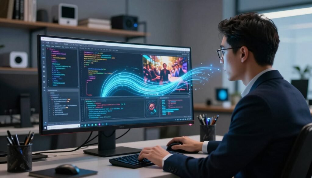 A dynamic scene depicting the process of AI video generation from text, illustrated in a modern digital workspace. In the foreground, a professional audiovisual manager, dressed in smart business attire, is intently reviewing a glowing computer screen filled with code and visual elements. The middle ground features digital elements like flowing text transforming into vivid imagery on the screen, showcasing the transition from text to video. In the background, shelves filled with books and AI technology devices create an atmosphere of creativity and innovation. Soft, ambient lighting highlights the workspace, while a slight lens flare adds a futuristic touch. The mood is focused and inspiring, emphasizing the convergence of technology and creativity in video production.
