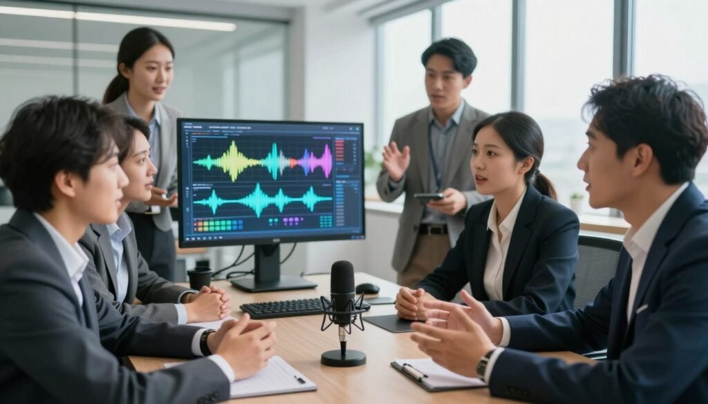 A dynamic scene illustrating the characteristics of voice modulation in real-time AI applications. In the foreground, a diverse group of professionals in business attire are engaged in animated discussion around a high-tech microphone and sound equipment, showcasing various facial expressions that reflect emotion and clarity of speech. The middle ground features a digital interface displaying visual sound waves and modulation graphs, glowing with vibrant colors. In the background, a modern office setting with large windows letting in bright natural light, enhancing the innovative atmosphere. The composition should be well-lit with soft shadows to create a professional yet inviting mood, captured from a slightly elevated angle to provide depth and perspective.