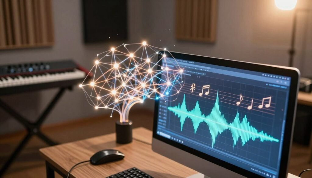 A dynamic scene illustrating the concept of an AI music generation mechanism. In the foreground, a sleek, futuristic computer interface displays a vibrant waveform and musical notes, representing the generation of music. In the middle ground, an abstract depiction of interconnected neural networks glows softly, symbolizing the intelligence behind the system. The background features a modern studio environment with musical instruments like a keyboard and acoustic panels, accentuating the creative aspect. The lighting is warm, casting a creative and inspiring mood, with a slight lens flare to emphasize innovation. The angle should be slightly above eye level, allowing for a comprehensive view of the setup, conveying a sense of wonder and technological advancement in music creation.
