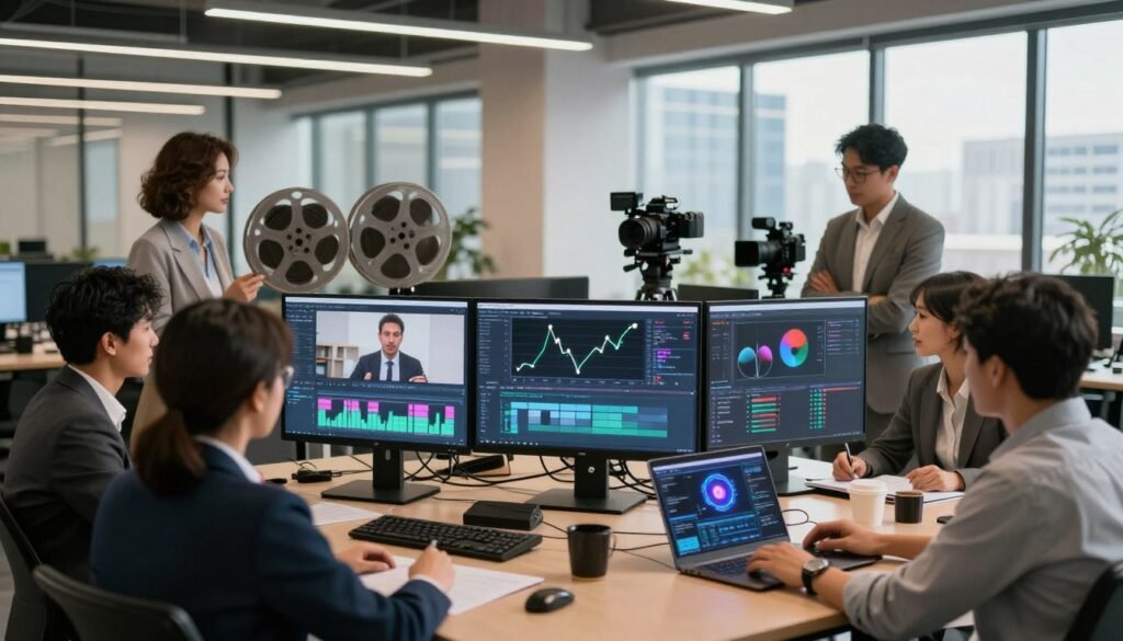 A dynamic scene illustrating the impact of artificial intelligence on audiovisual marketing strategies. In the foreground, a diverse group of professionals in business attire is engaged in a brainstorming session, surrounded by digital screens displaying dynamic graphs and AI software interfaces. The middle layer showcases various tools and elements related to video editing, such as film reels, a camera, and a laptop open to an AI-driven trailer creation interface. In the background, an inspiring modern office space with large windows lets in natural light, highlighting a cityscape view. The atmosphere is collaborative and innovative, infused with a sense of excitement for the future of marketing. Use soft, ambient lighting to create a warm, motivating environment, capturing the essence of creativity and technology in perfect harmony.