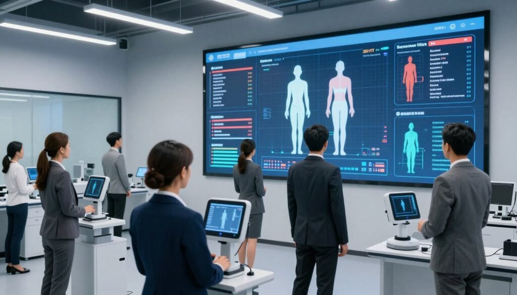 A dynamic scene showcasing advanced posture detection technology in action. In the foreground, a diverse group of professionals dressed in smart business attire, interacting with high-tech devices that visualize and analyze body postures in real-time. The middle ground features a large digital screen displaying vivid data and graphics representing posture optimization metrics, filled with overlays of human figures in various poses being analyzed. In the background, a modern laboratory environment with sleek equipment, bright fluorescent lighting creating a cutting-edge atmosphere. The camera angle is slightly elevated, capturing the interactions and the immersive tech environment, conveying a sense of innovation and precision in posture detection.