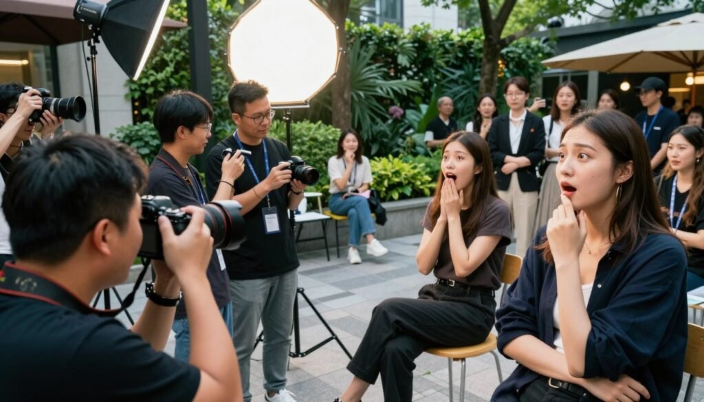 A dynamic scene showcasing diverse photographers, creators, and influencers engaged in capturing expressive facial expressions in various settings. In the foreground, a photographer with a camera captures a model displaying a range of emotions, such as joy, surprise, and contemplation, dressed in smart casual attire. In the middle, nearby creators are discussing their techniques while observing the expressions on the model’s face, with an array of lighting equipment set up to enhance the mood. The background features a vibrant urban setting with lush greenery and a dressed-up audience interacting, indicating an immersive atmosphere. Soft, diffused lighting creates an inviting ambiance, emphasizing the emotional nuances of the expressions being showcased. The angle is slightly elevated, providing a comprehensive perspective of the interactions and artistic endeavors.