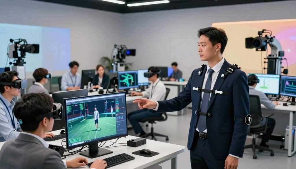 A dynamic scene showcasing practical examples of motion capture technology in action. In the foreground, a professional in business attire stands confidently, wearing a motion capture suit adorned with tracking markers, while interacting with a digital interface displaying animated figures. The middle ground features a diverse team of researchers analyzing motion data on screens, surrounded by VR headsets and various capture equipment. The background showcases a high-tech studio with motion-capture cameras, soft lighting highlighting the sleek equipment, and vibrant screens displaying 3D animations. The overall atmosphere is innovative and collaborative, reflecting the excitement and potential of motion capture applications in real-world scenarios. The lighting is bright yet soft, emphasizing clarity and focus on the subjects.