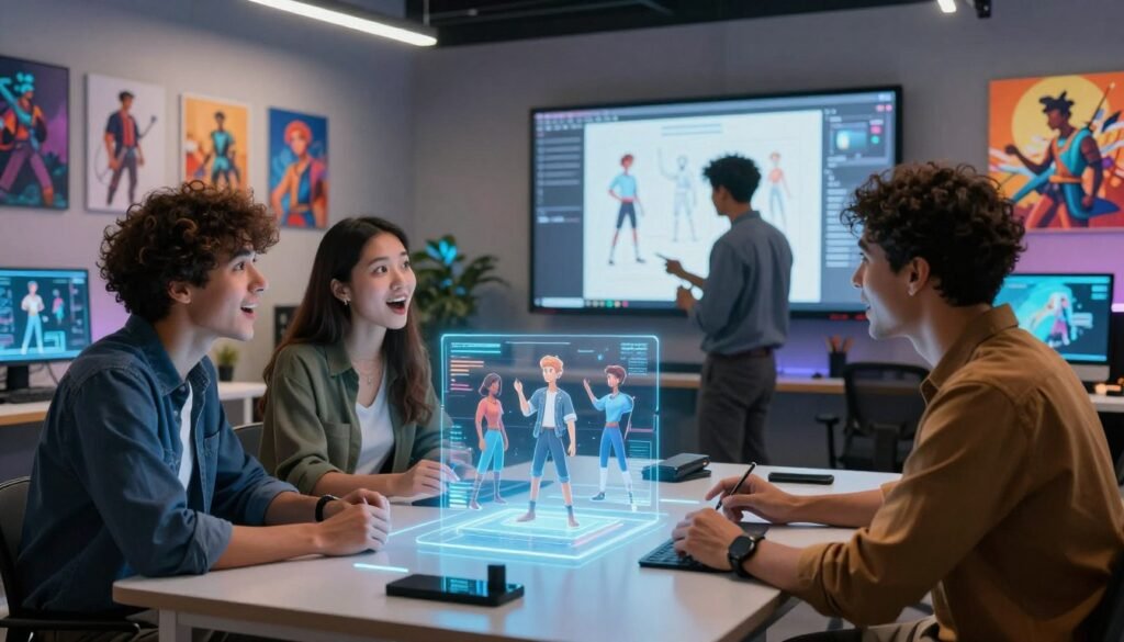 A dynamic scene showcasing the application of AI in creative projects. In the foreground, a diverse group of three professionals collaborates around a futuristic design table, discussing animated character poses displayed on holographic screens. The professionals, dressed in smart casual attire, exhibit expressions of excitement and innovation. In the middle ground, a digital artist is focused on a large touchscreen, illustrating character movements with nuanced details. In the background, vibrant concept art and AI-generated visuals adorn the studio walls, illuminated by soft, ambient lighting to create an inspiring atmosphere. The composition is framed with a wide-angle lens, capturing both the energy of teamwork and the technological elements. The mood is one of creativity and forward-thinking progress.