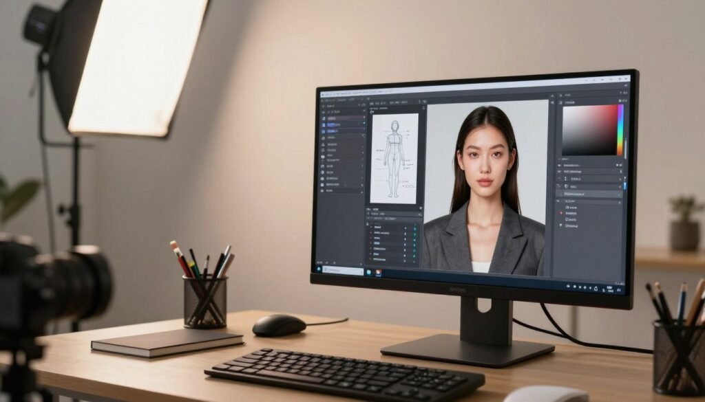 A dynamic scene showcasing the optimization of portrait photography and anatomical correction through AI. In the foreground, a sleek, high-tech digital editing workspace with a large monitor displaying an optimized portrait of a professionally dressed model, demonstrating refined facial features and proportions. The model's expression is confident and engaging. In the middle ground, tools and software icons depict AI algorithms, surrounded by sketches of improvement notes. The background features a well-lit studio with soft, diffused lighting that creates a serene atmosphere. The color palette is warm and professional, conveying innovation and creativity. The camera angle is slightly angled, giving depth to the workspace while keeping the focus on the subject, embodying a cutting-edge approach to image refinement.