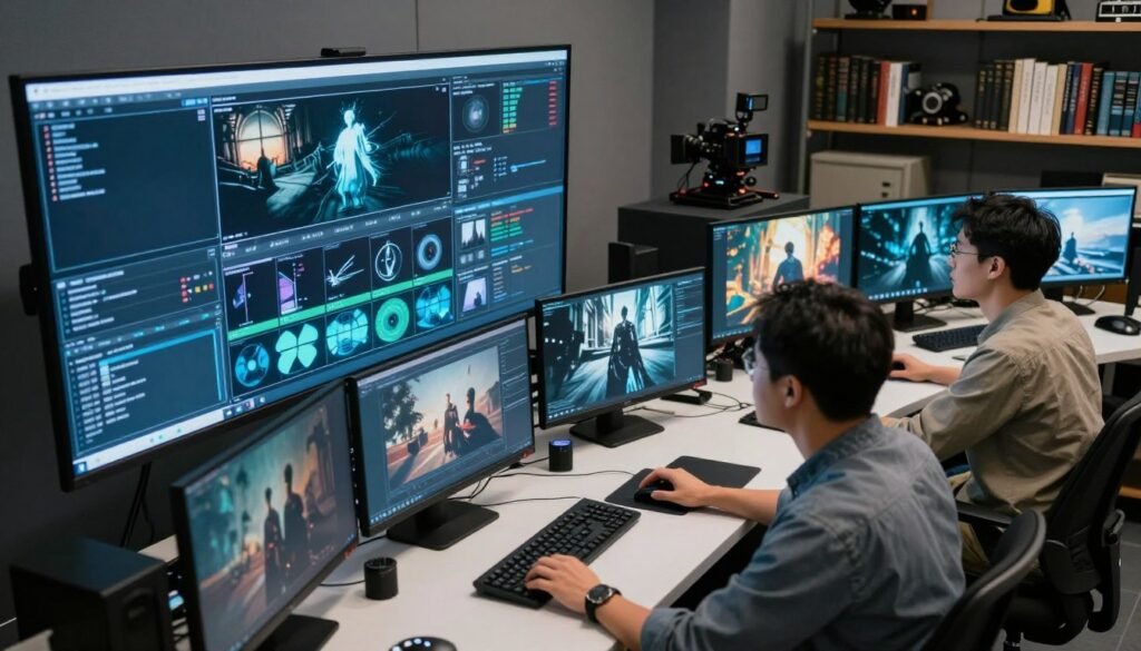 A dynamic studio setting showcasing the technical process of AI-generated visual effects for film. In the foreground, a professional in smart casual attire analyzes a large screen overflowing with complex visual effects graphs and animated sequences. The middle ground features high-tech equipment, including computers and a variety of monitors displaying vibrant cinematic images, all under soft, diffused lighting. In the background, shelves filled with filmmaking tools and books create an atmosphere of creativity and innovation. The scene captures a focused mood, with a cool color palette of blues and silvers, emphasizing the cutting-edge technology. The angle is slightly tilted from above, providing a comprehensive view of the workspace, evoking excitement about the possibilities of AI in cinematic effects.