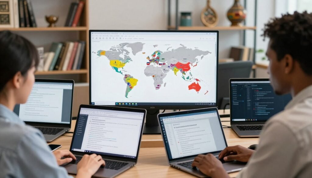 A dynamic workspace depicting professionals engaged in translation and localization across multiple languages. In the foreground, two individuals, one with Asian features and the other with African descent, are examining digital files on their laptops, showcasing various language interfaces. In the middle, a large monitor displays a world map with language flags pinpointing translation hotspots in vibrant colors. The background features shelves with language books and international cultural artifacts, creating an atmosphere of inclusivity and collaboration. The lighting is bright and inviting, with a focus on the screens creating a technological yet friendly feel. The overall mood conveys innovation and teamwork in a multilingual context.